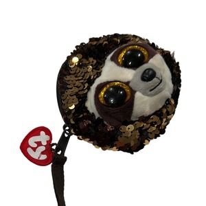 Ty Beanie Boos Dangler Sloth Flippable Sequin Coin Purse Wristlet Brown Gold